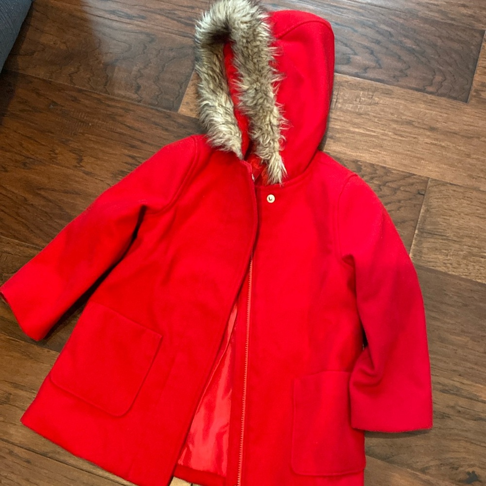 Crazy eight size 3T red zip up with pocket and fur trimmed hood, winter jacket